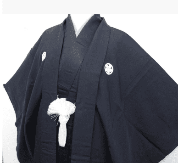 Ensemble Kimono & Haori Japonais Homme soie noire Habutae 5 Kamon Umebachi