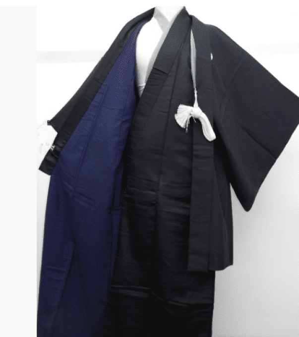 Ensemble Kimono & Haori Japonais Homme soie noire Habutae 5 Kamon Umebachi