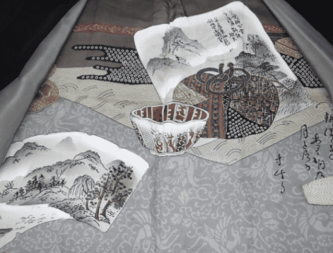 Ensemble Kimono & Haori Japonais Homme soie noire Habutae 5 Kamon Umebachi