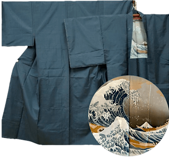 Ensemble Kimono & Haori Japonais Homme Soie bleu Tsumugi Hokusai La grande vague japonaise + OBI