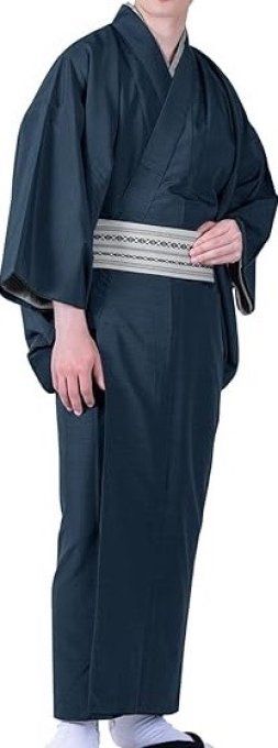 Ensemble Kimono & Haori Japonais Homme Soie bleu Tsumugi Hokusai La grande vague japonaise + OBI