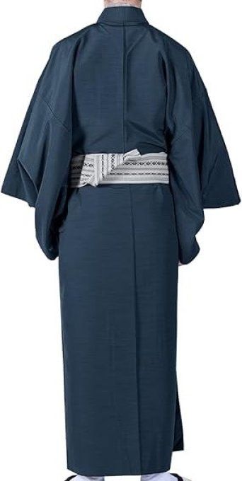 Ensemble Kimono & Haori Japonais Homme Soie bleu Tsumugi Hokusai La grande vague japonaise + OBI