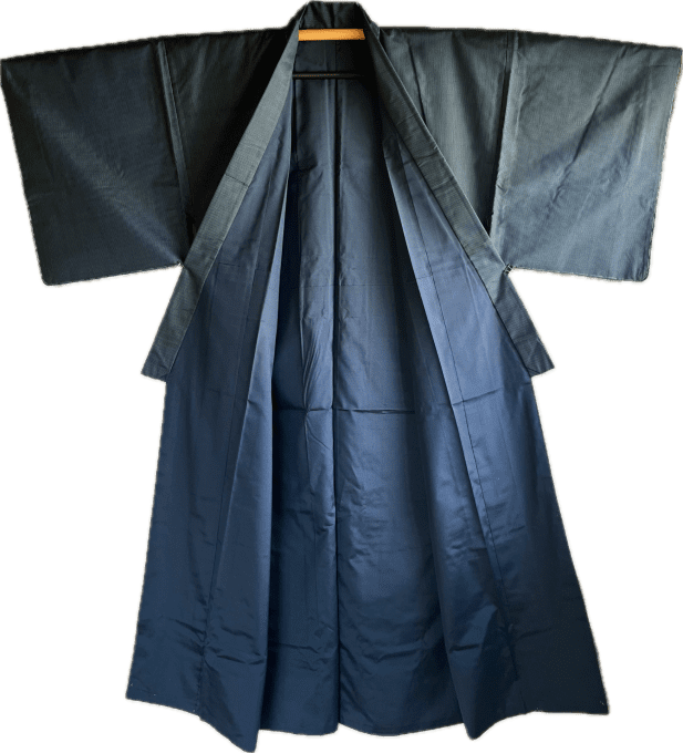 Ensemble Kimono & Haori Japonais Homme Soie bleu Tsumugi Hokusai La grande vague japonaise + OBI