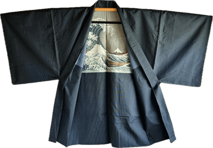 Ensemble Kimono & Haori Japonais Homme Soie bleu Tsumugi Hokusai La grande vague japonaise + OBI