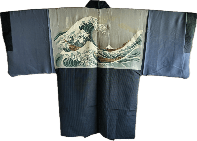 Ensemble Kimono & Haori Japonais Homme Soie bleu Tsumugi Hokusai La grande vague japonaise + OBI