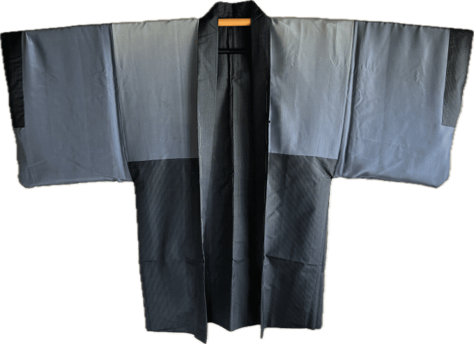 Ensemble Kimono & Haori Japonais Homme Soie bleu Tsumugi Hokusai La grande vague japonaise + OBI