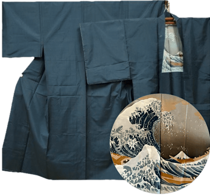 Ensemble Kimono & Haori Japonais Homme Soie bleu Tsumugi Hokusai La grande vague japonaise + OBI