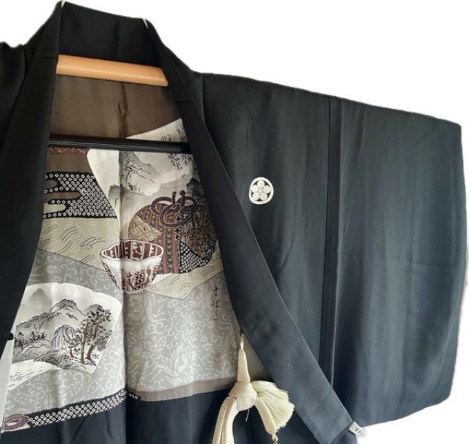 Ensemble Kimono & Haori Japonais Homme soie noire Habutae 5 Kamon Umebachi
