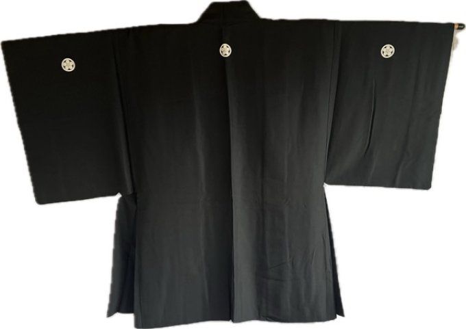 Ensemble Kimono & Haori Japonais Homme soie noire Habutae 5 Kamon Umebachi