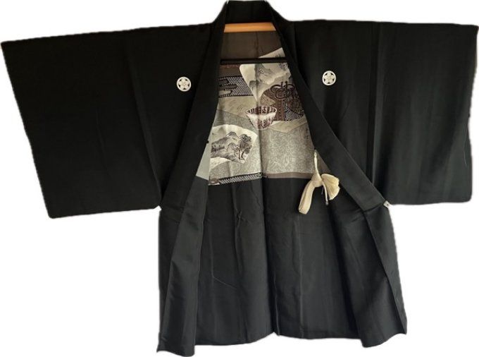 Ensemble Kimono & Haori Japonais Homme soie noire Habutae 5 Kamon Umebachi