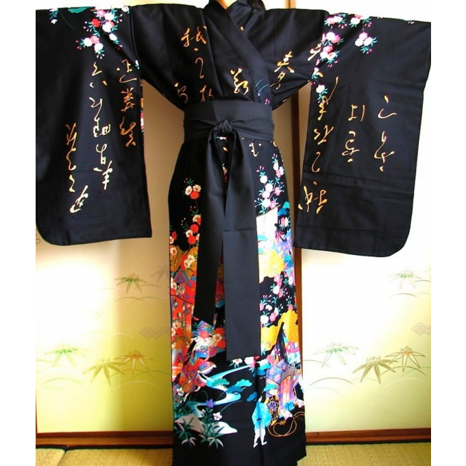 Kimono japonais O hanami Kinmoji Yuzen coton satin femme "Made in Japan"