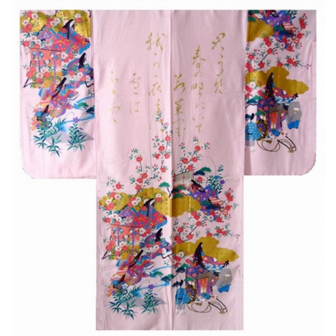 Kimono japonais O hanami Kinmoji Yuzen coton satin femme "Made in Japan"