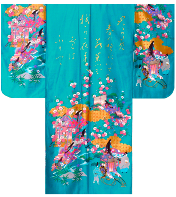 Kimono japonais Geisha Sakura coton satin turquoise  femme "Made in Japan" 