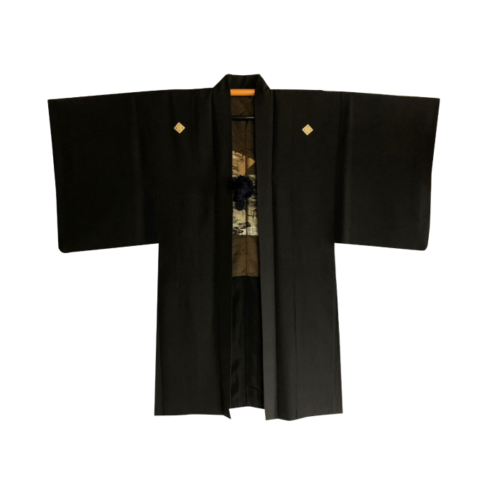 Antique haori samourai Ginkakuji Kinkakuji Sumitate Yotsume Montsuki soie noire homme 
