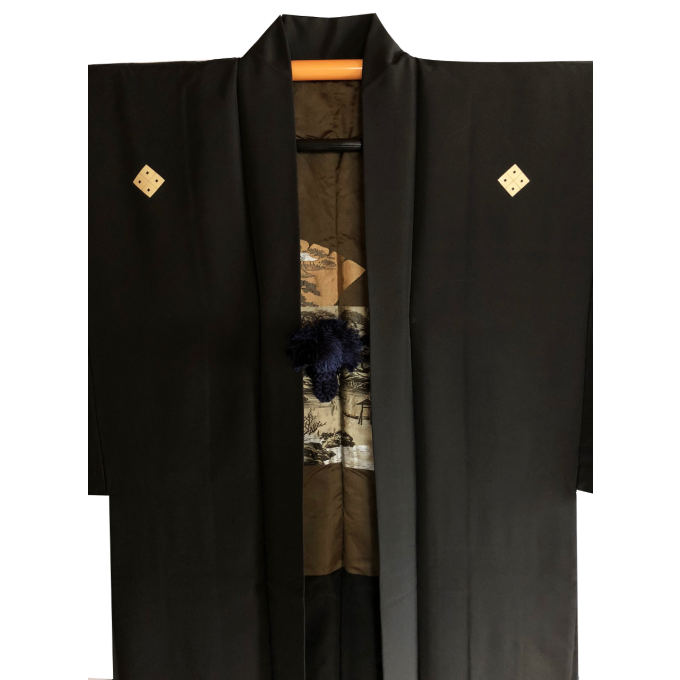 Antique haori samourai Ginkakuji Kinkakuji Sumitate Yotsume Montsuki soie noire homme 