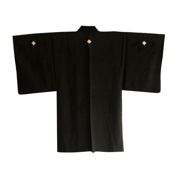 Antique haori samourai Ginkakuji Kinkakuji Sumitate Yotsume Montsuki soie noire homme 