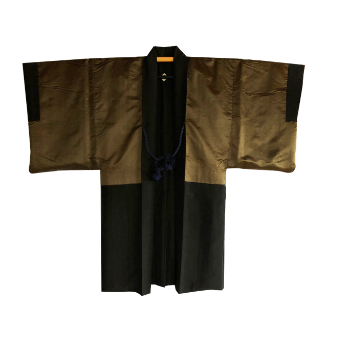 Antique haori samourai Ginkakuji Kinkakuji Sumitate Yotsume Montsuki soie noire homme 