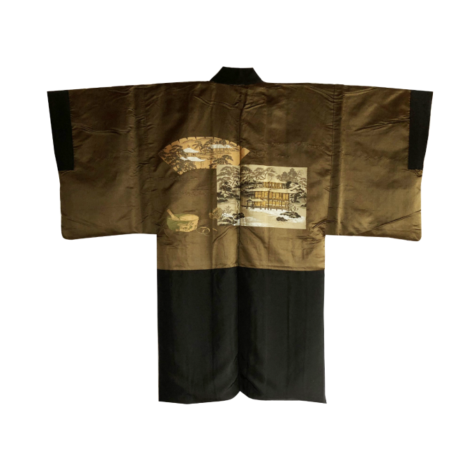 Antique haori samourai Ginkakuji Kinkakuji Sumitate Yotsume Montsuki soie noire homme 