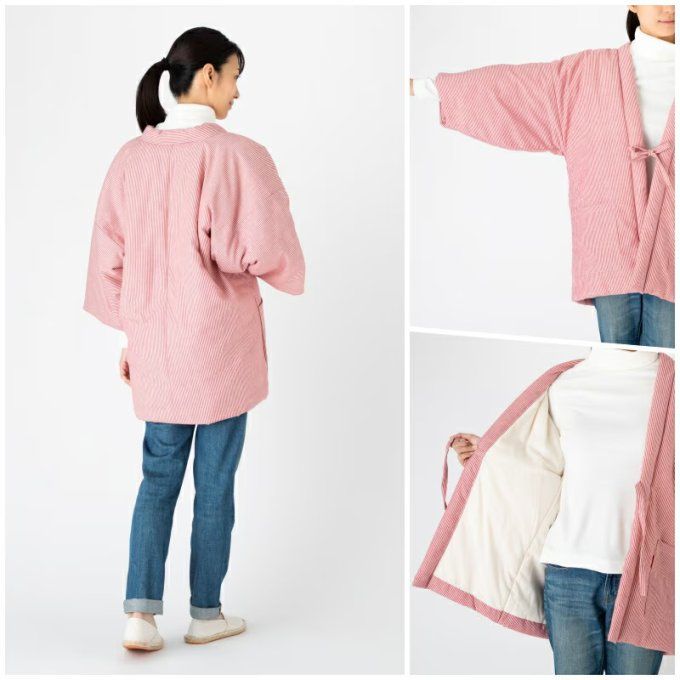 Hanten Japonais Femme rayures rouge Hickory – Veste Matelassée Hiver Made in Japan