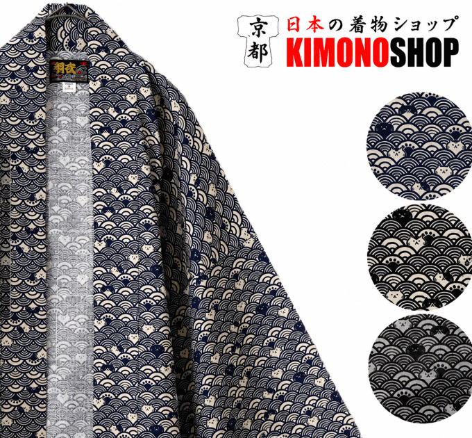 Hanten Traditionnel Japonais Nami Neko Chats & Vagues – Made in Japan
