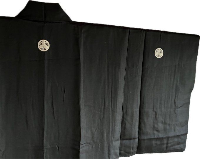 Haori Homme Antique - Soie noire - Tsuru MitsuKashiwa Montsuki -Made in Japan