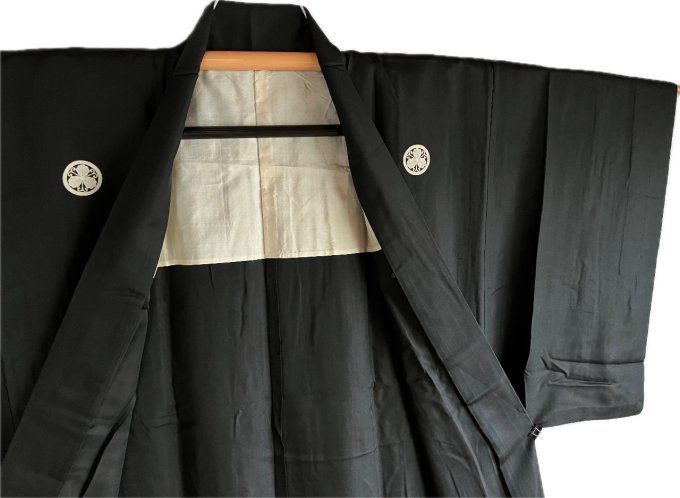 Haori Homme Antique - Soie noire - Tsuru MitsuKashiwa Montsuki -Made in Japan