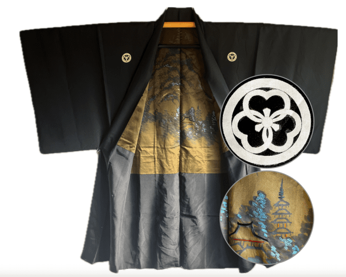 Haori homme  antique- soie noire - Katabami Montsuki - Temple Horyuji Nara