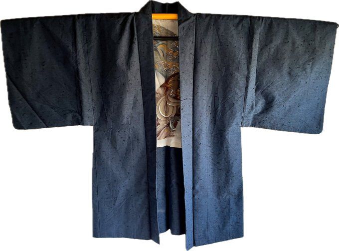 Haori Homme Ancien Soie Sauvage Bleue Duel de Dragon