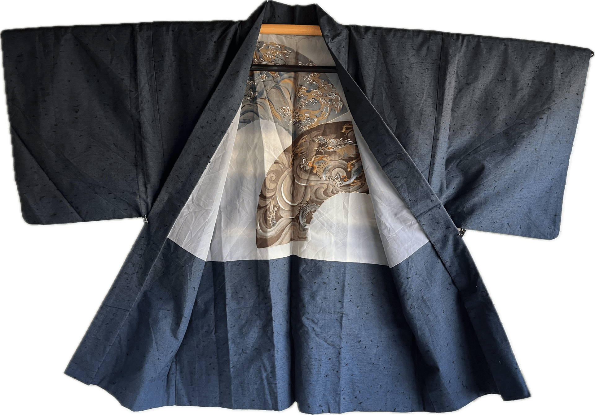 Haori Homme Ancien Soie Sauvage Bleue Duel de Dragon