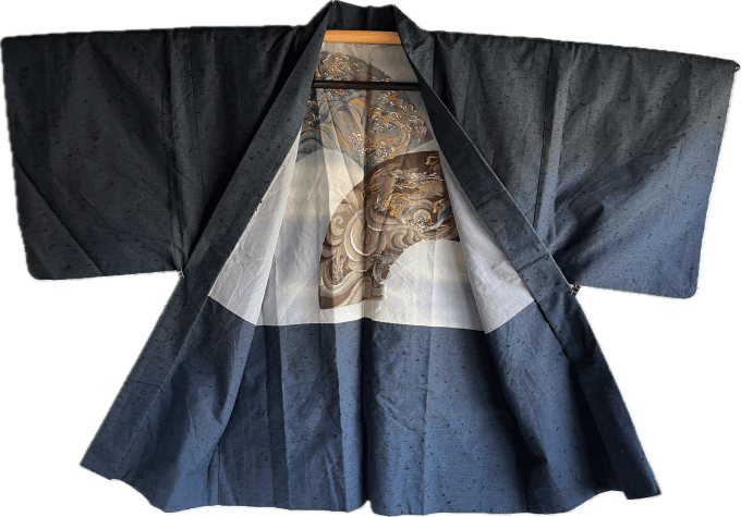 Haori Homme Ancien Soie Sauvage Bleue Duel de Dragon