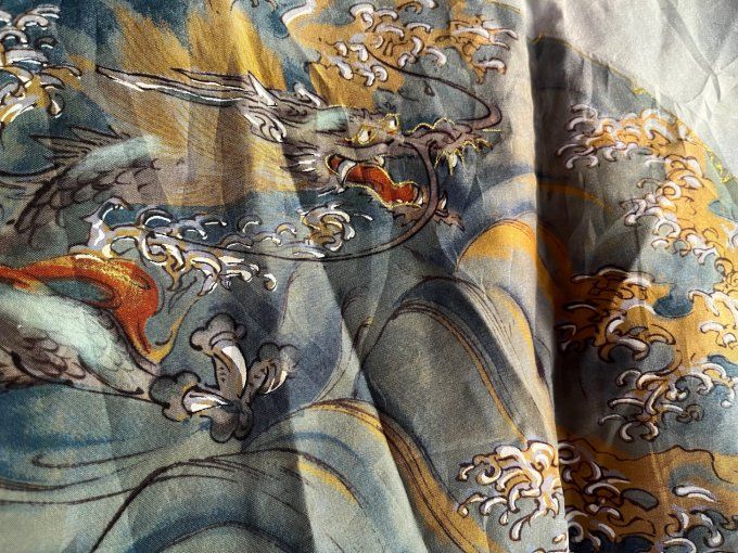Haori Homme Ancien Soie Sauvage Bleue Duel de Dragon