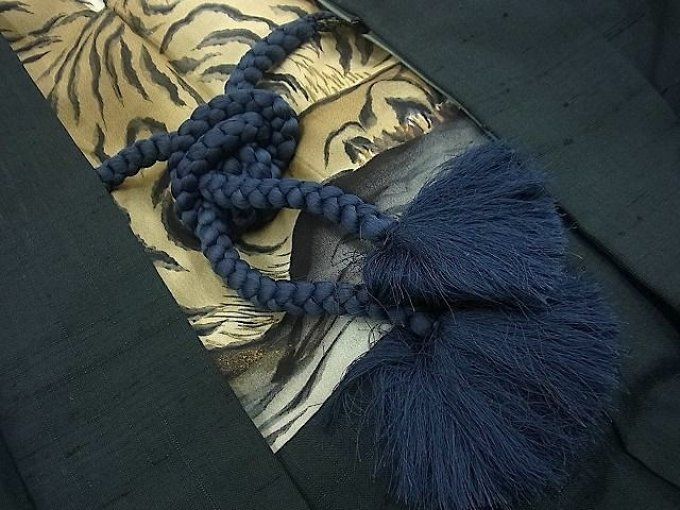 Haori homme antique - Soie Tsumugi noire - Tigre majestueux