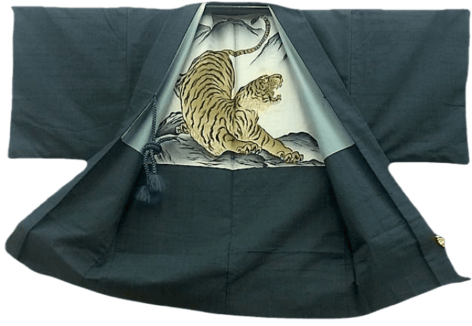 Haori homme antique - Soie Tsumugi noire - Tigre majestueux