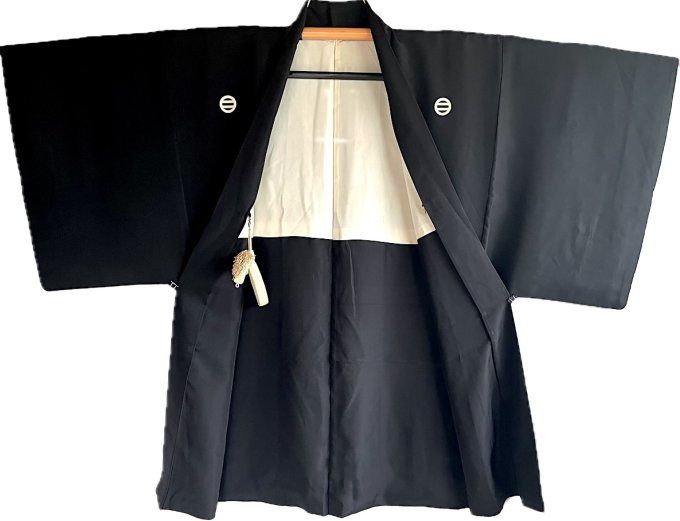 Set Haori & Kimono homme Antique Soie Noire - Formel - Futatsu Hiki MonTsuki