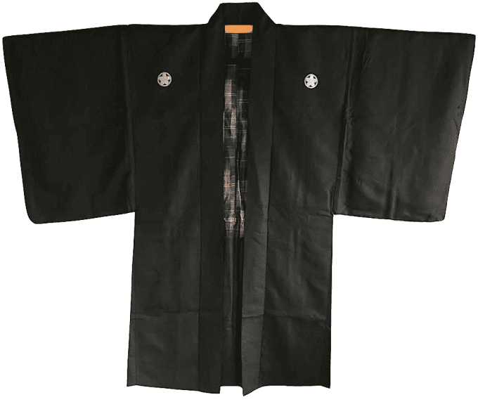 Antique haori japonais soie noire Kamon Maruni Ume no Hana d'été homme 