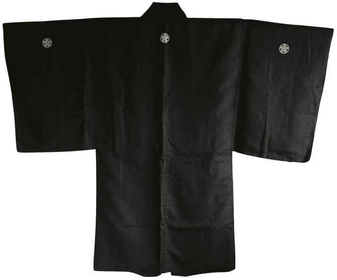 Antique haori japonais soie noire Kamon Maruni Ume no Hana d'été homme 