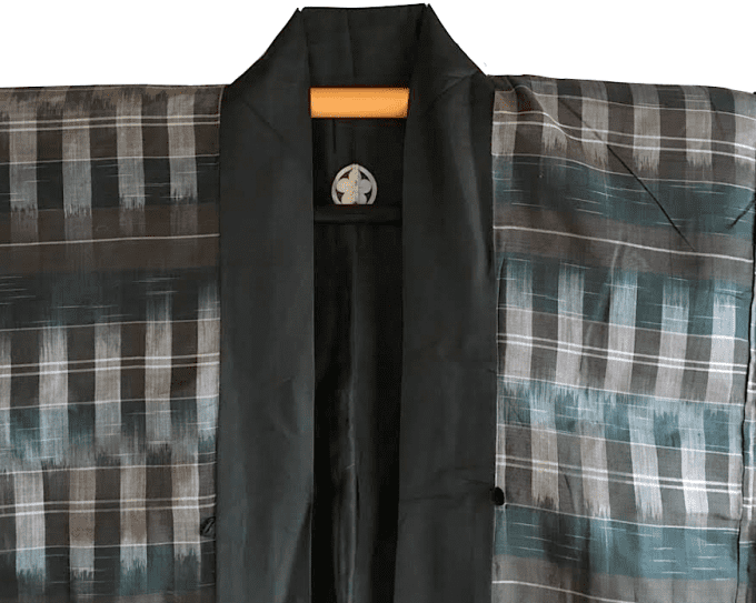 Antique haori japonais soie noire Kamon Maruni Ume no Hana d'été homme 