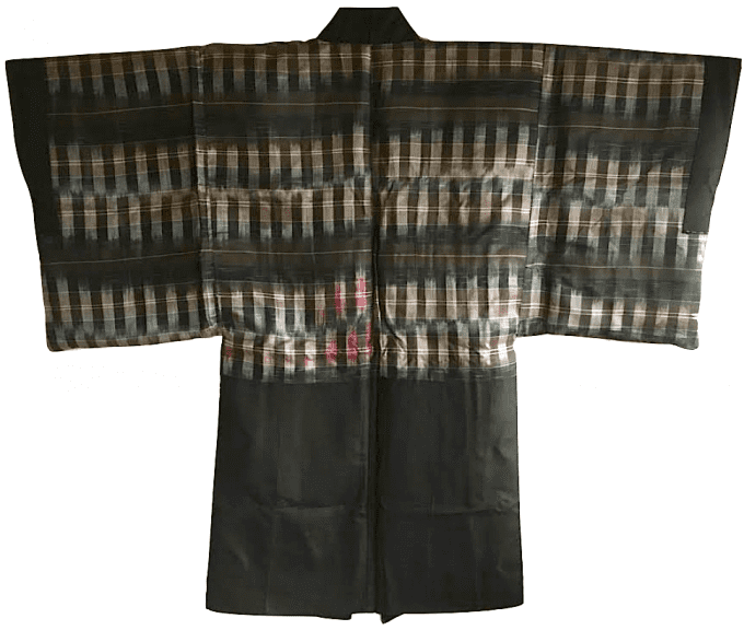 Antique haori japonais soie noire Kamon Maruni Ume no Hana d'été homme 