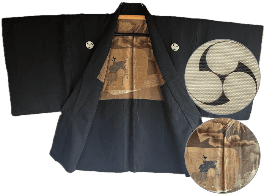 Haori Japonais  Homme Antique  Tomoe Montsuki Voyage de Yoritomo au Fuji San  