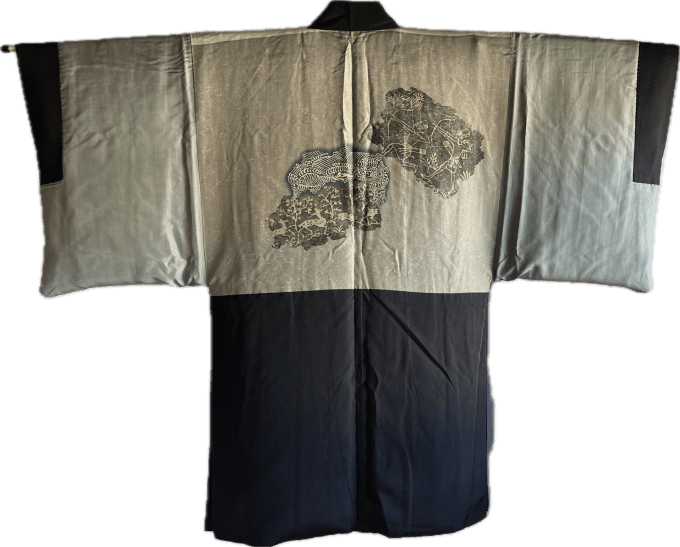 Haori japonais antique homme soie noire Mitsukashiwa Montsuki - La chasse 