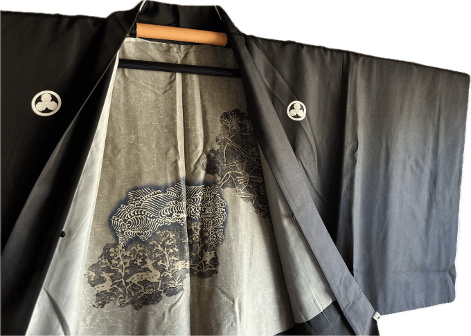Haori japonais antique homme soie noire Mitsukashiwa Montsuki - La chasse 