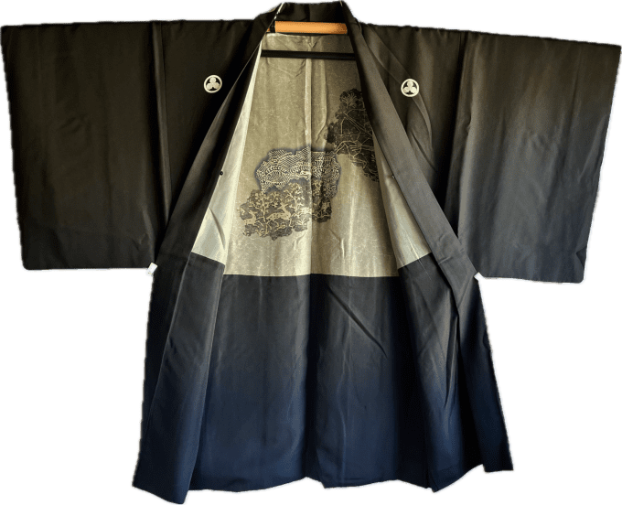 Haori japonais antique homme soie noire Mitsukashiwa Montsuki - La chasse 
