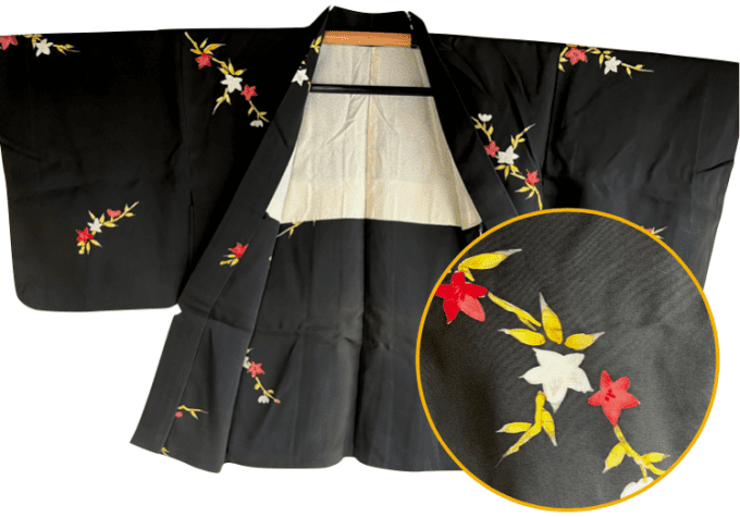 Haori japonais femme antique soie noire - Erables japonais Momiji