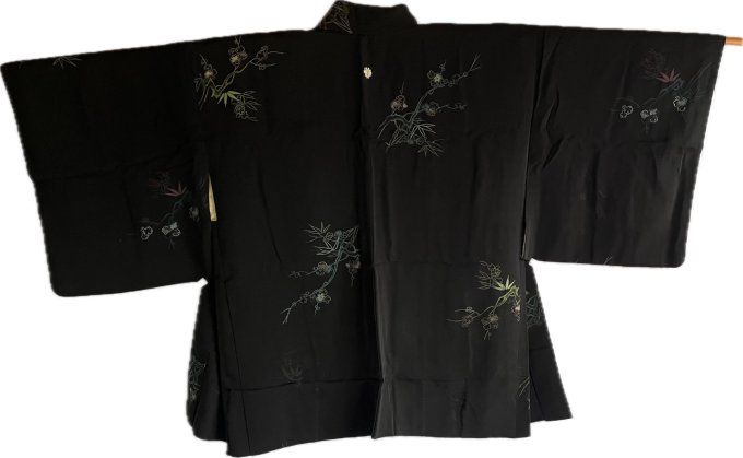 Haori japonais femme soie noire Agehacho Montsuki Shochikubai