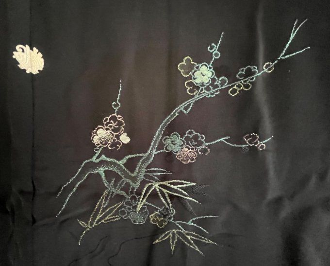 Haori japonais femme soie noire Agehacho Montsuki Shochikubai