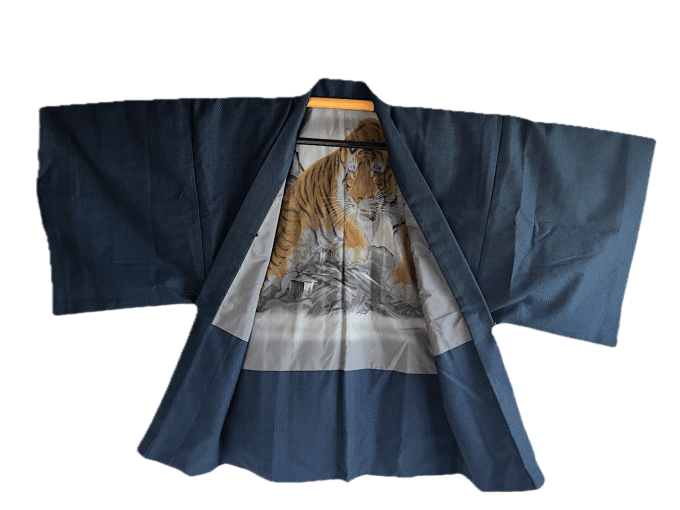 Haori japonais homme - soie bleu Tsumugi - Tigre Majestueux 