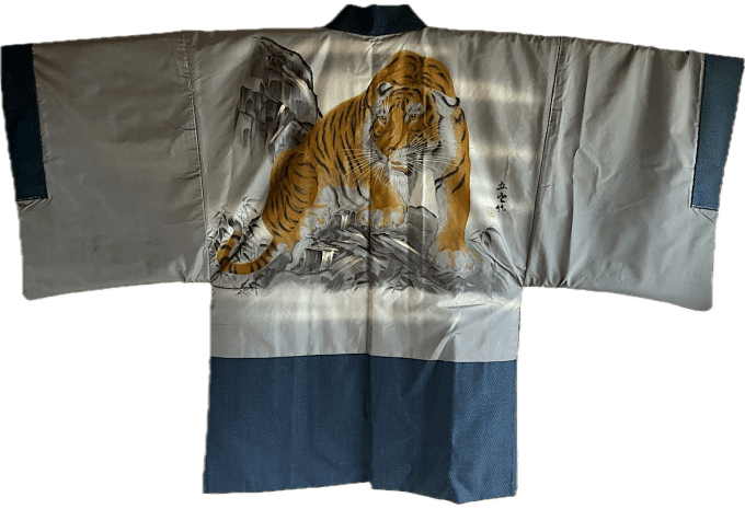 Haori japonais homme - soie bleu Tsumugi - Tigre Majestueux 
