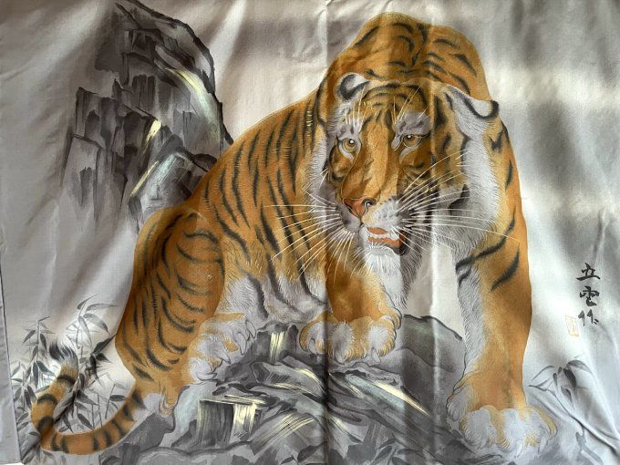 Haori japonais homme - soie bleu Tsumugi - Tigre Majestueux 