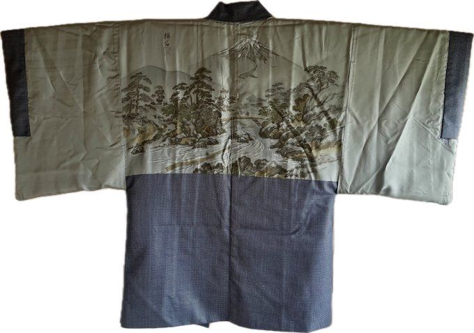 Haori Japonais homme Soie Bleu – Vue du mont Fuji et rivière 