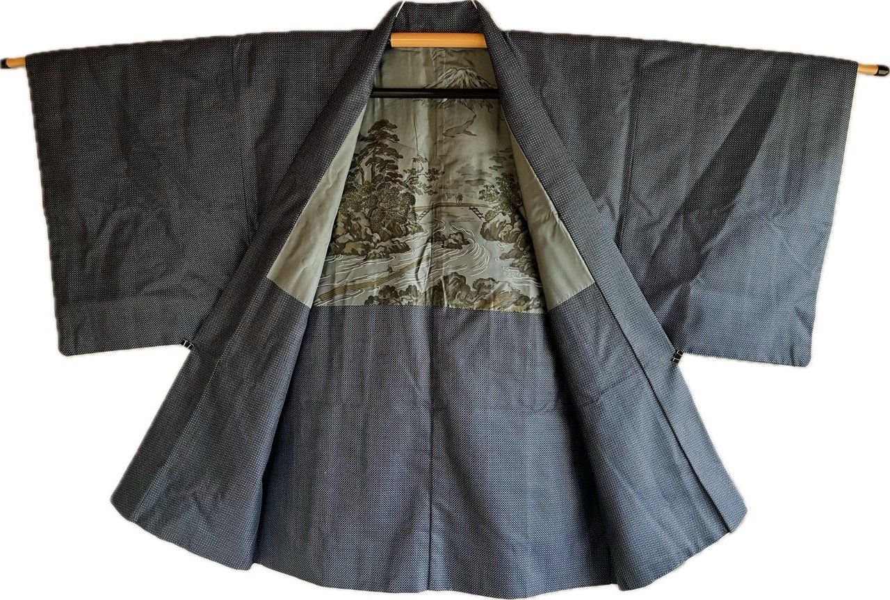 Haori Japonais homme Soie Bleu – Vue du mont Fuji et rivière 